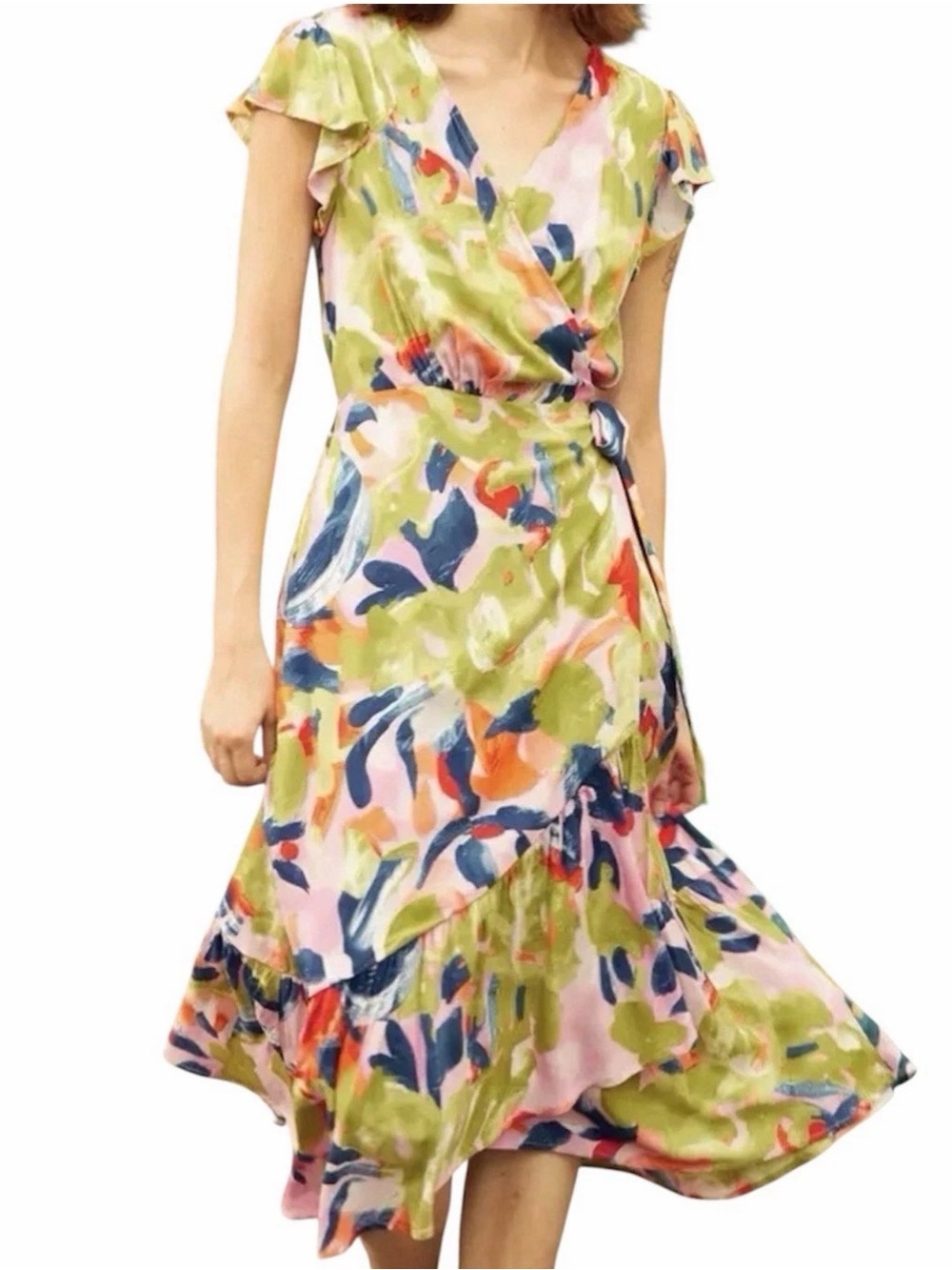 ModCloth Wrap Dress Womens 2X Colorful Abstract Print Midi Ruffle Cap Sleeves